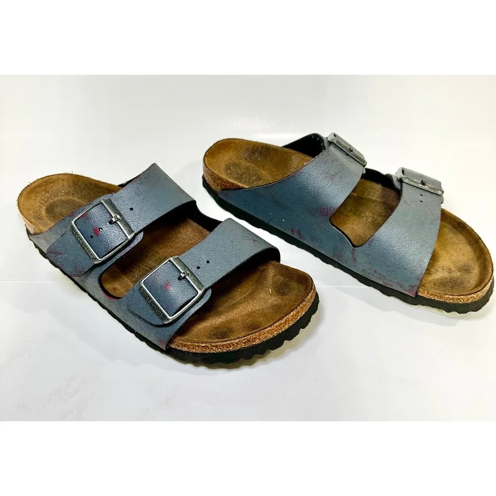 Birkenstock Arizona Sandals Distressed Blue Red Two Strap Slides approx 39